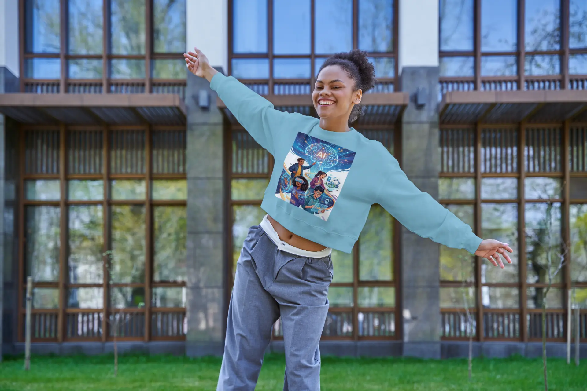 Jeune femme souriante portant un sweat aux couleurs du livre IA