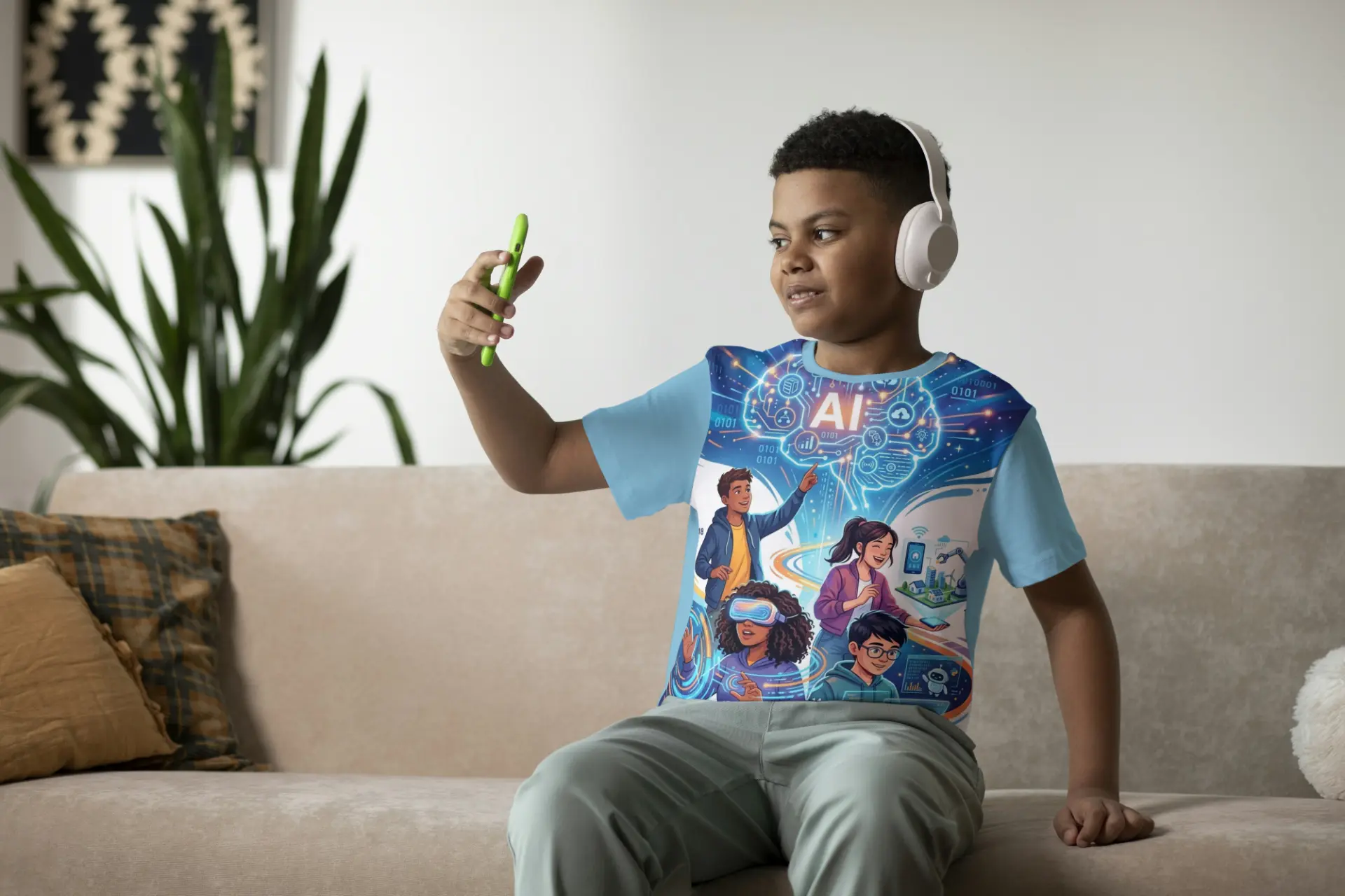 Jeune garçon avec casque découvrant l'univers IA du livre