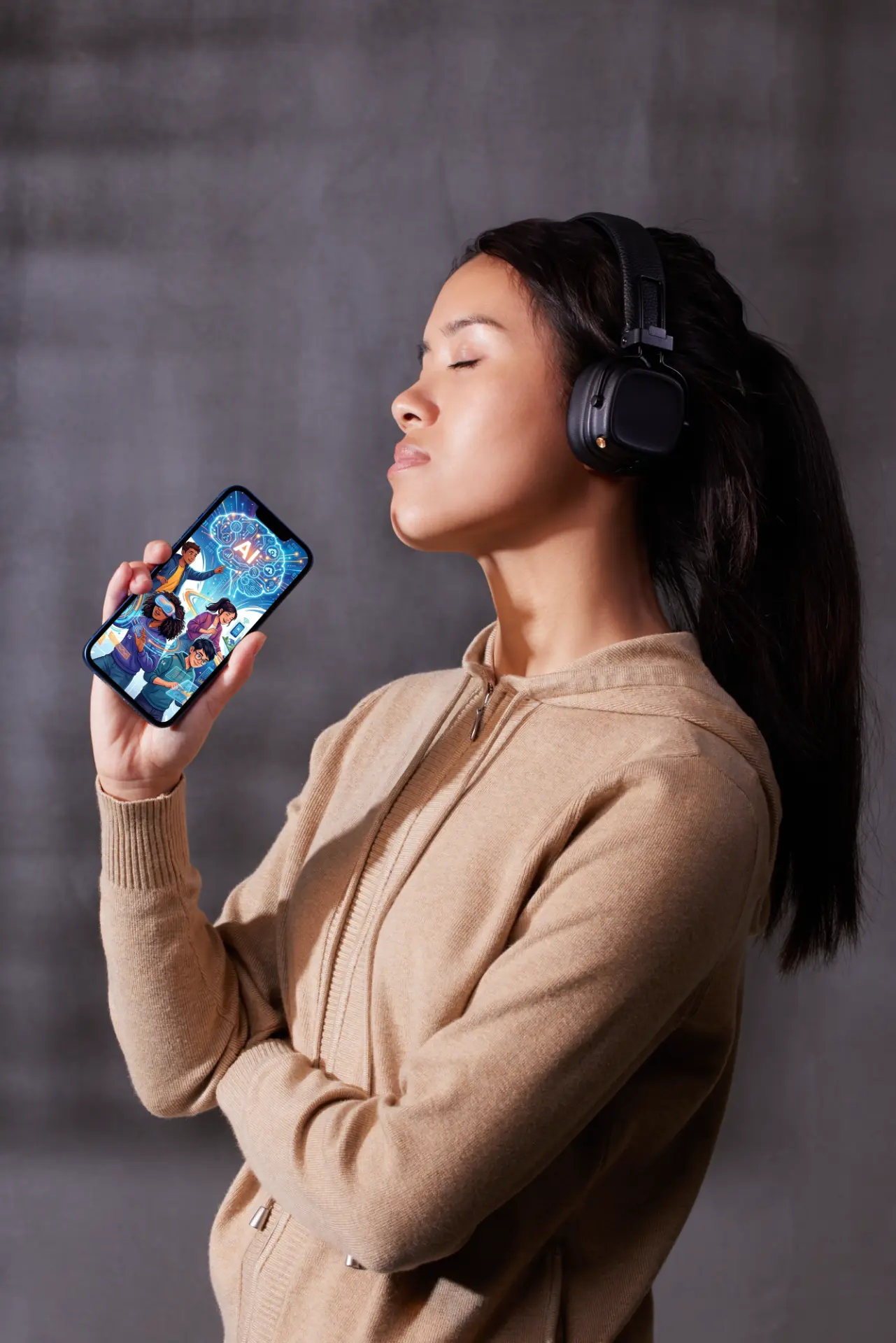 Lecture du livre IA sur smartphone avec un casque audio