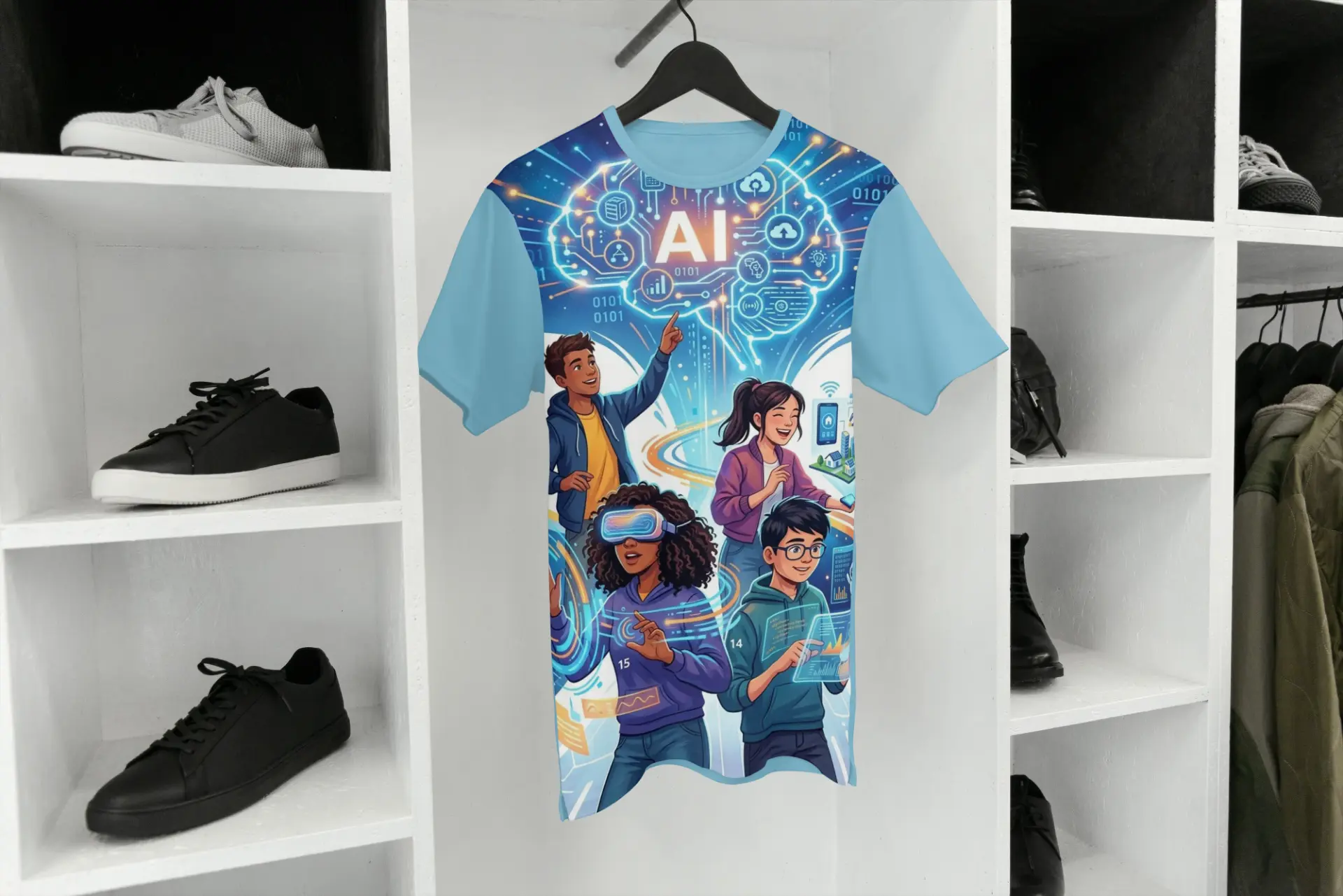 T-shirt IA du livre dans un dressing