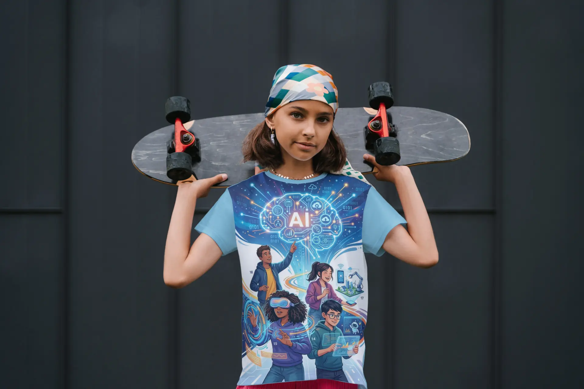 Jeune skater portant le t-shirt IA du livre