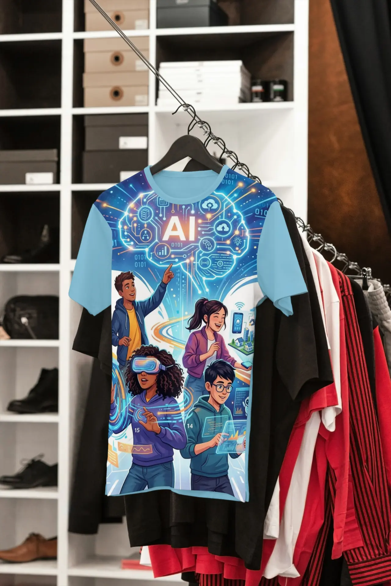 T-shirt IA du livre présenté sur cintre